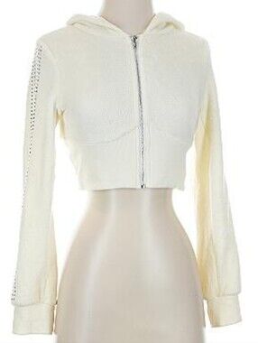 White Ivory Hot & Delicious Size Small Cropped Zip Up Hoodie Rhinestones Sleeves